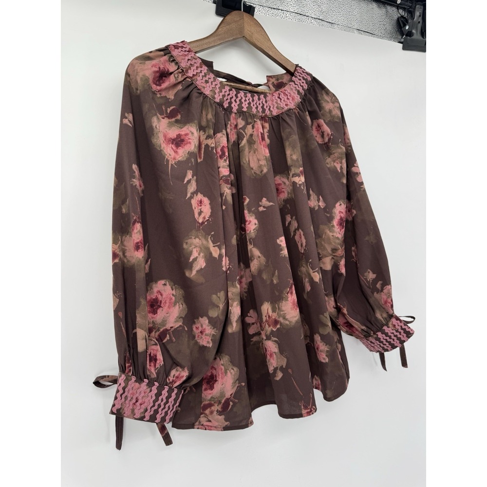 ENTRO Long Sleeve Floral Boho brown Blouse Forest Fairy‎ Ric Rack cottagecore M - Picture 8 of 11